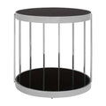 Silver Steel Cage Design Frame Side Table With Tempered Black Glass, Novo
