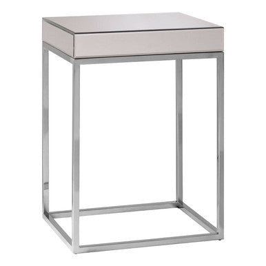 Silver Mirrored & Wooden Side Table With Stainless Steel Frame, Gianna