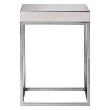 Silver Mirrored & Wooden Side Table With Stainless Steel Frame, Gianna