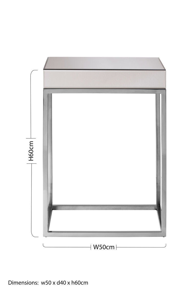 Silver Mirrored & Wooden Side Table With Stainless Steel Frame, Gianna