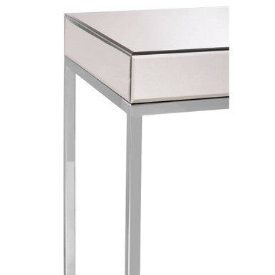 Silver Mirrored & Wooden Side Table With Stainless Steel Frame, Gianna