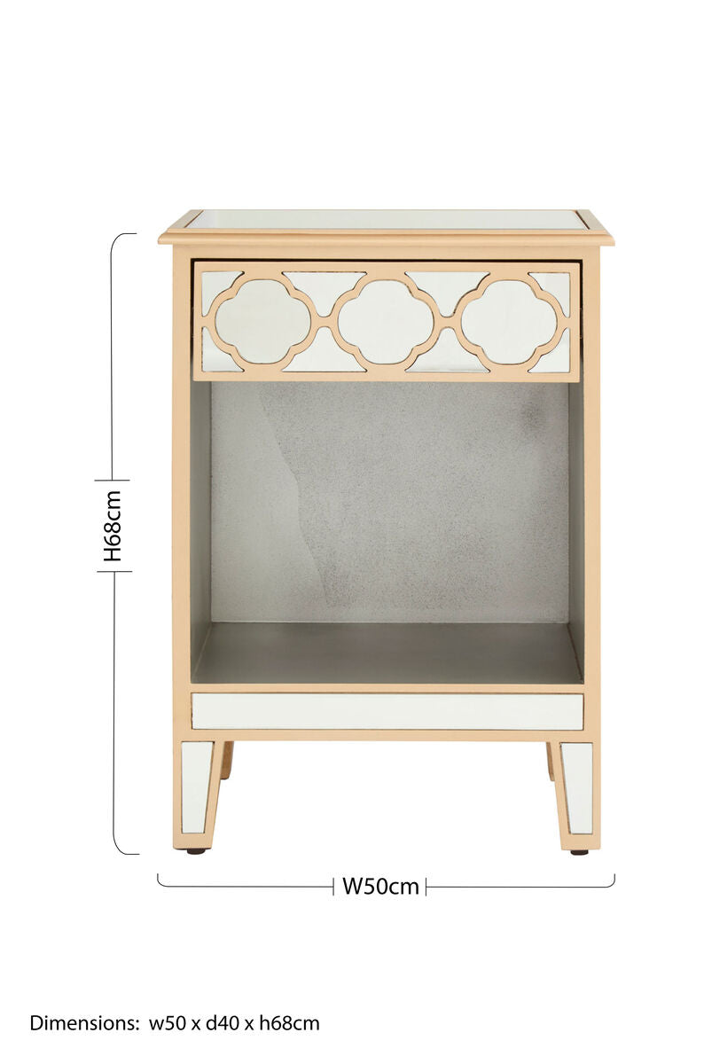 Warm Gold Mirrored Side Table With Storage Drawer & Open Shelf, Grazia