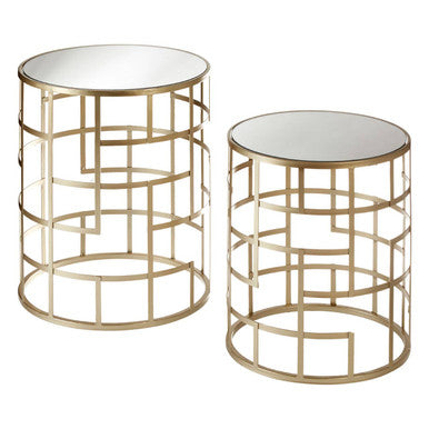 Set Of 2 Gold Champagne Art Deco Metal Base Side Tables With Mirrored Glass Tops, Avantis