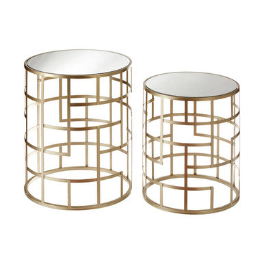 Set Of 2 Gold Champagne Art Deco Metal Base Side Tables With Mirrored Glass Tops, Avantis
