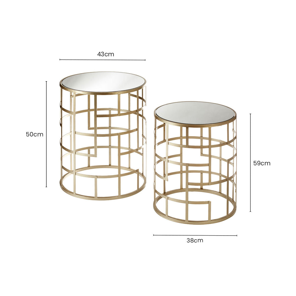 Set Of 2 Gold Champagne Art Deco Metal Base Side Tables With Mirrored Glass Tops, Avantis