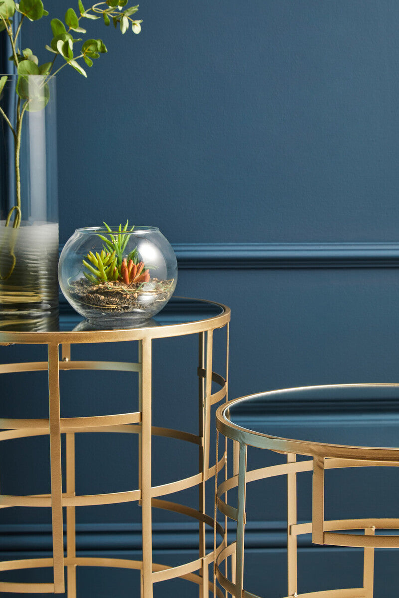 Set Of 2 Gold Champagne Art Deco Metal Base Side Tables With Mirrored Glass Tops, Avantis