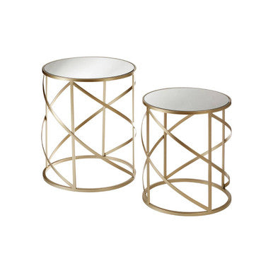 Set Of 2 Gold Champagne Flowing Swirl Metal Frame Side Tables With Mirrored Glass Tops, Avantis