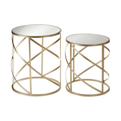 Set Of 2 Gold Champagne Flowing Swirl Metal Frame Side Tables With Mirrored Glass Tops, Avantis