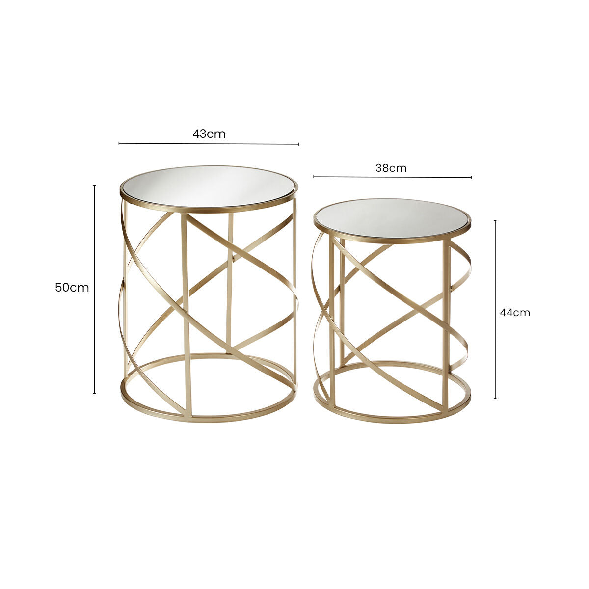Set Of 2 Gold Champagne Flowing Swirl Metal Frame Side Tables With Mirrored Glass Tops, Avantis