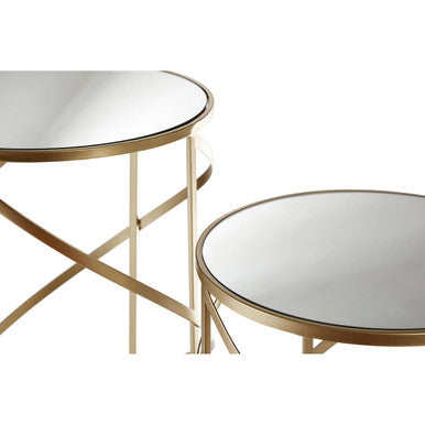 Set Of 2 Gold Champagne Flowing Swirl Metal Frame Side Tables With Mirrored Glass Tops, Avantis