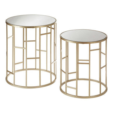 Set Of 2 Gold Champagne Asymmetric Round Side Tables With Mirrored Glass Tops, Avantis