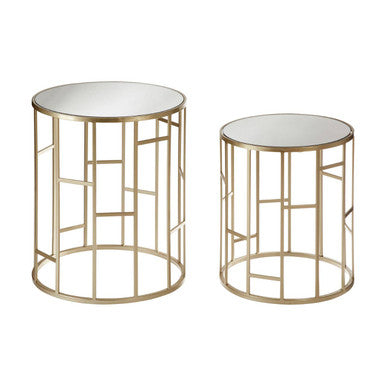 Set Of 2 Gold Champagne Asymmetric Round Side Tables With Mirrored Glass Tops, Avantis