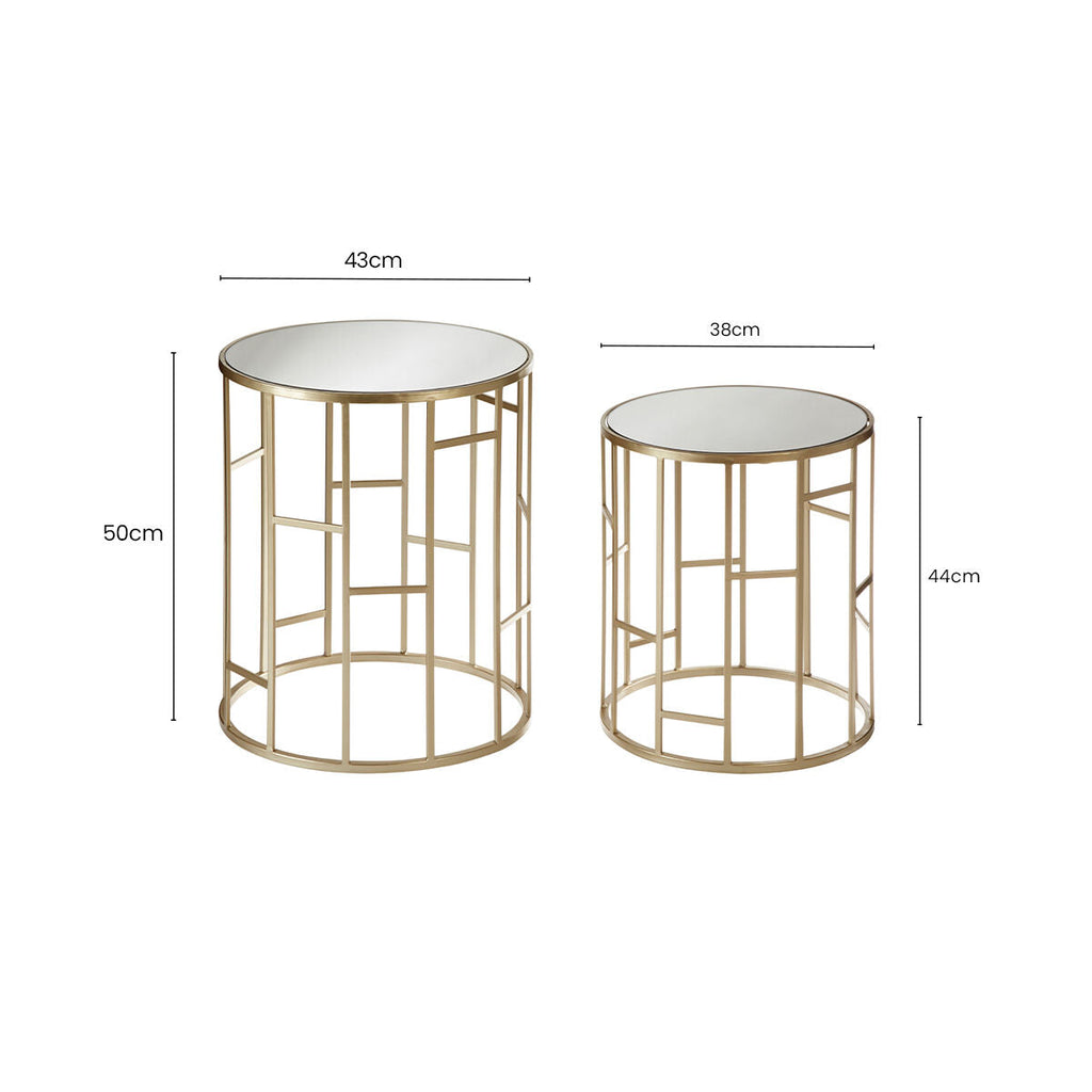 Set Of 2 Gold Champagne Asymmetric Round Side Tables With Mirrored Glass Tops, Avantis