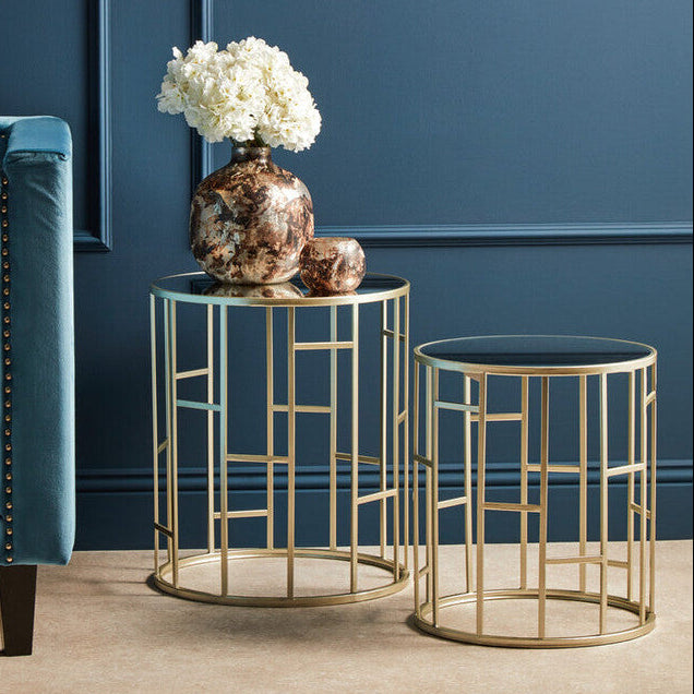 Set Of 2 Gold Champagne Asymmetric Round Side Tables With Mirrored Glass Tops, Avantis
