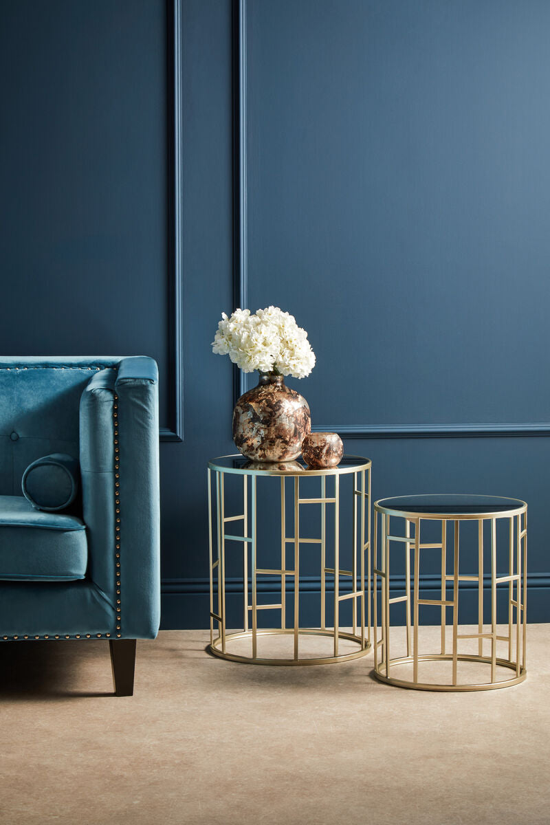 Set Of 2 Gold Champagne Asymmetric Round Side Tables With Mirrored Glass Tops, Avantis