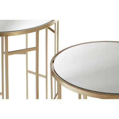 Set Of 2 Gold Champagne Asymmetric Round Side Tables With Mirrored Glass Tops, Avantis