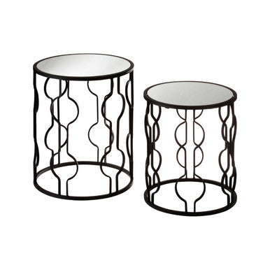 Set Of 2 Black Metal Base Side Tables With Arabesque Detailing & Mirrored Glass Tops, Avantis