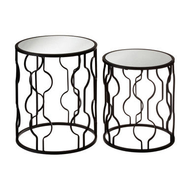 Set Of 2 Black Metal Base Side Tables With Arabesque Detailing & Mirrored Glass Tops, Avantis