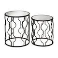 Set Of 2 Black Metal Base Side Tables With Arabesque Detailing & Mirrored Glass Tops, Avantis