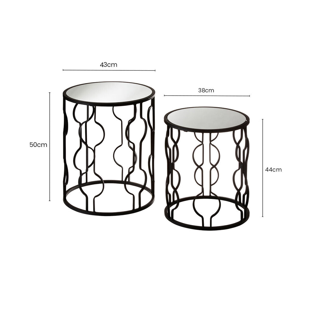 Set Of 2 Black Metal Base Side Tables With Arabesque Detailing & Mirrored Glass Tops, Avantis