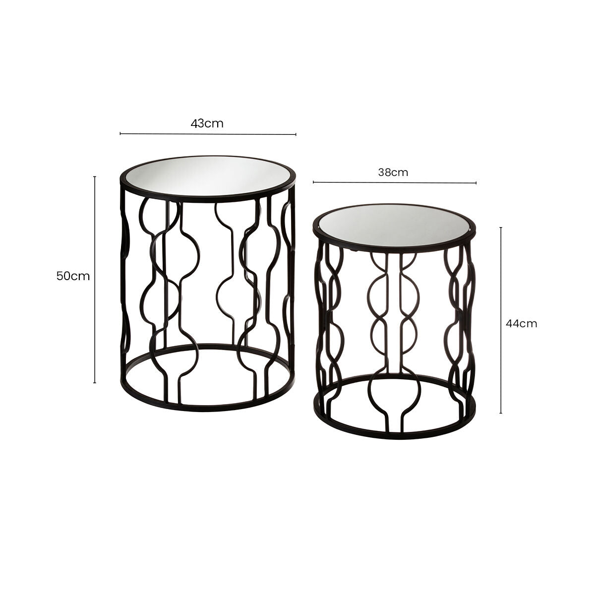 Set Of 2 Black Metal Base Side Tables With Arabesque Detailing & Mirrored Glass Tops, Avantis