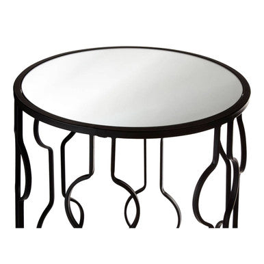 Set Of 2 Black Metal Base Side Tables With Arabesque Detailing & Mirrored Glass Tops, Avantis