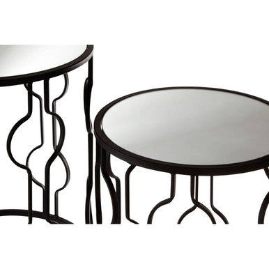 Set Of 2 Black Metal Base Side Tables With Arabesque Detailing & Mirrored Glass Tops, Avantis