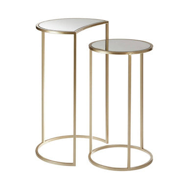 Set Of 2 Art Deco Gold Champagne Base Nesting Side Tables With Mirrored Glass Tops, Avantis