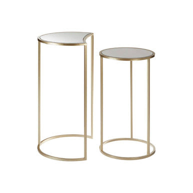 Set Of 2 Art Deco Gold Champagne Base Nesting Side Tables With Mirrored Glass Tops, Avantis