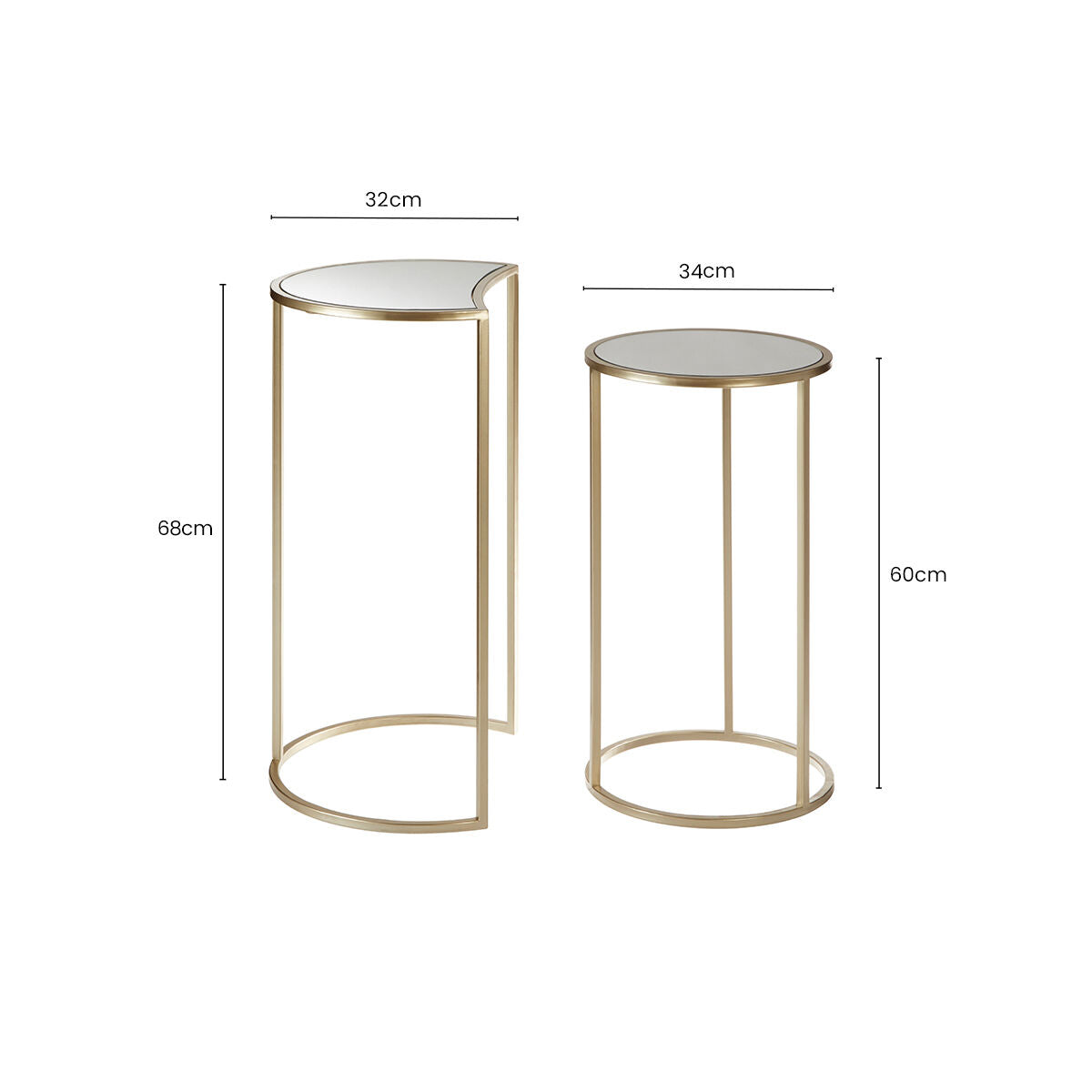 Set Of 2 Art Deco Gold Champagne Base Nesting Side Tables With Mirrored Glass Tops, Avantis
