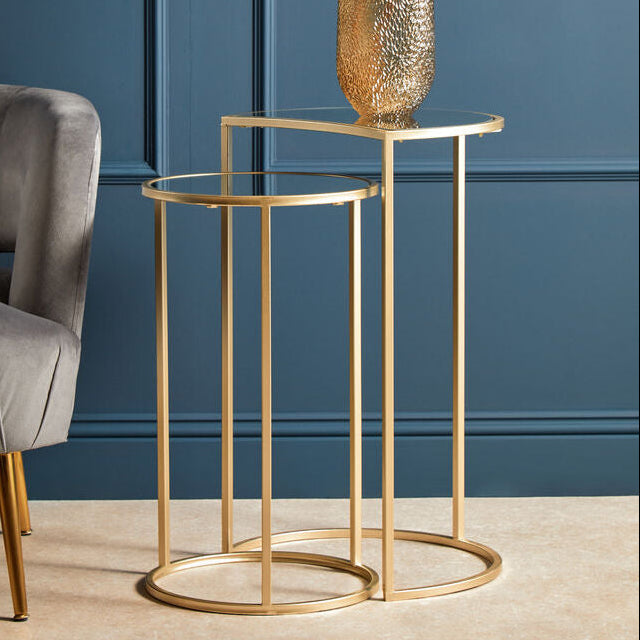 Set Of 2 Art Deco Gold Champagne Base Nesting Side Tables With Mirrored Glass Tops, Avantis