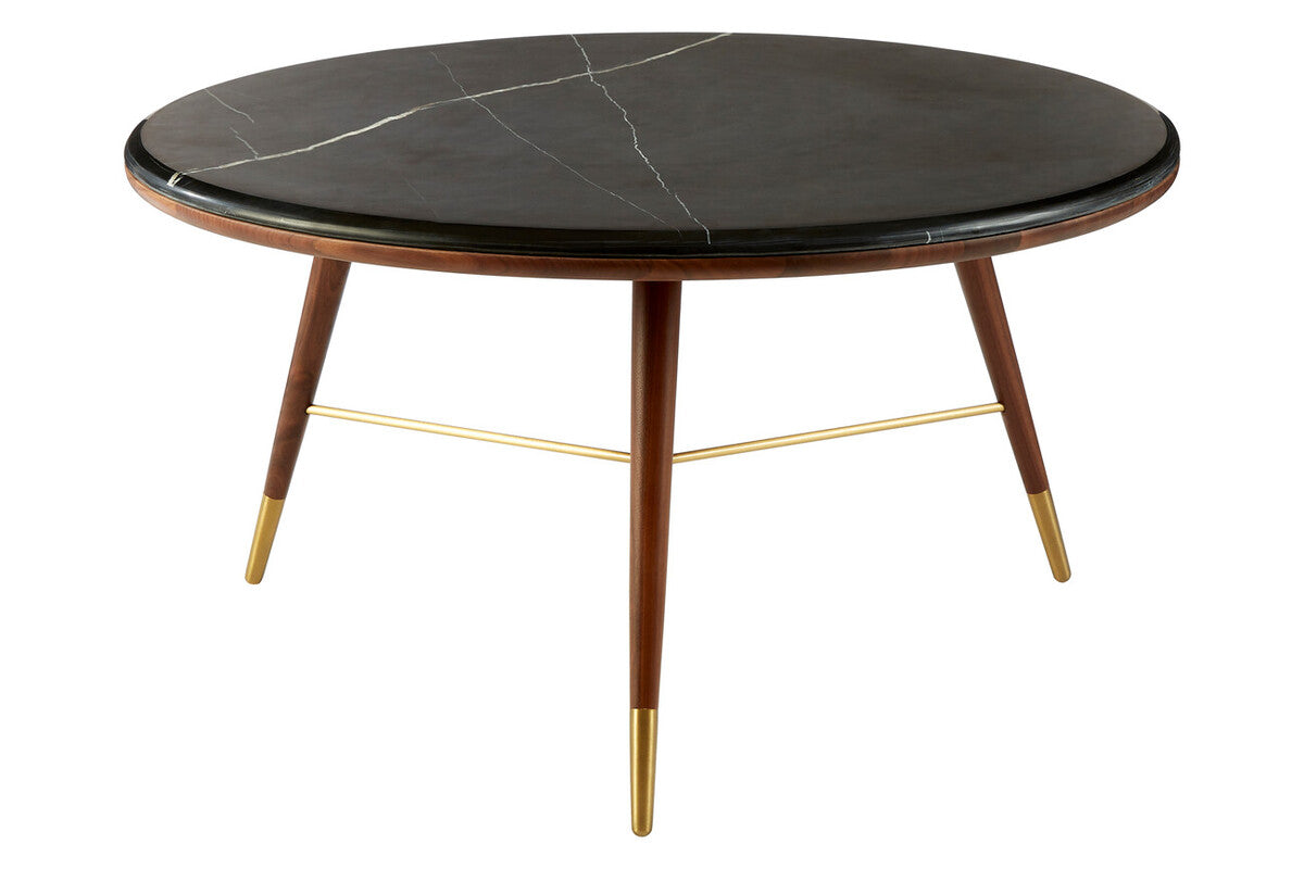 Dark Grey Marble Top Round Coffee Table With Walnut Wood Frame & Brass Accents, Kenso
