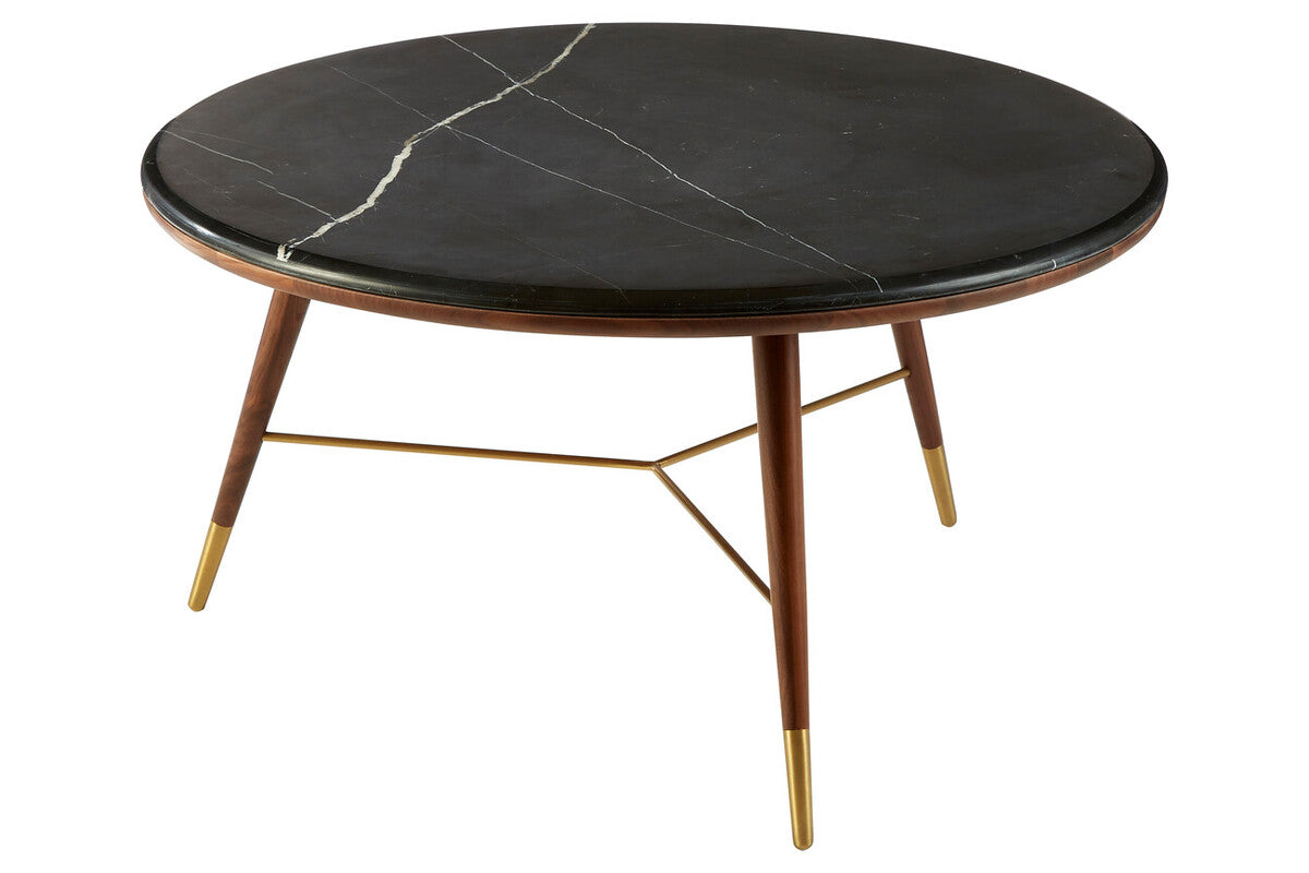 Dark Grey Marble Top Round Coffee Table With Walnut Wood Frame & Brass Accents, Kenso