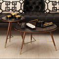 Dark Grey Marble Top Round Coffee Table With Walnut Wood Frame & Brass Accents, Kenso