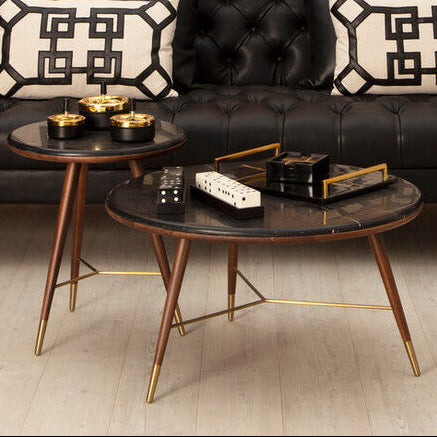 Dark Grey Marble Top Round Coffee Table With Walnut Wood Frame & Brass Accents, Kenso