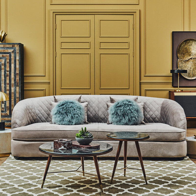 Dark Grey Marble Top Round Coffee Table With Walnut Wood Frame & Brass Accents, Kenso