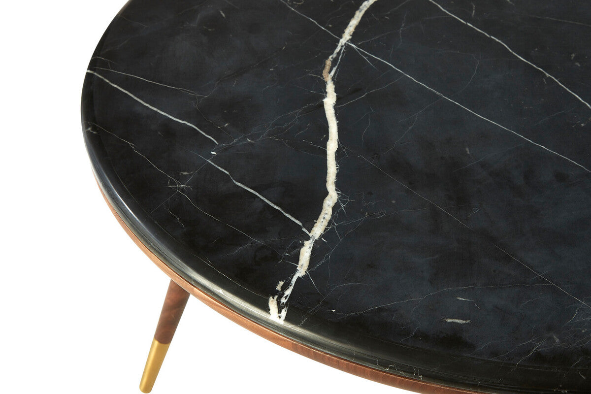 Dark Grey Marble Top Round Coffee Table With Walnut Wood Frame & Brass Accents, Kenso