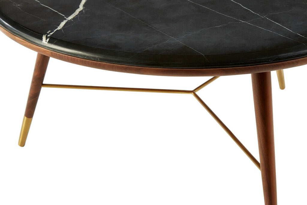 Dark Grey Marble Top Round Coffee Table With Walnut Wood Frame & Brass Accents, Kenso