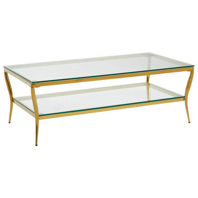 Two-Tier Coffee Table With Clear Tempered Glass Top & Gold Stainless Steel Frame, Arezzo