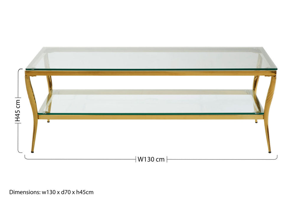 Two-Tier Coffee Table With Clear Tempered Glass Top & Gold Stainless Steel Frame, Arezzo