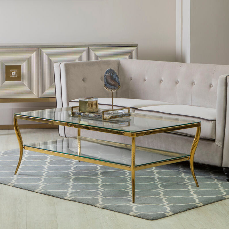 Two-Tier Coffee Table With Clear Tempered Glass Top & Gold Stainless Steel Frame, Arezzo