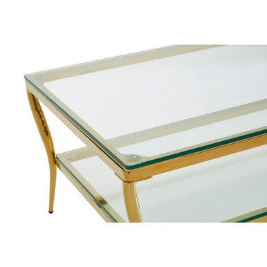 Two-Tier Coffee Table With Clear Tempered Glass Top & Gold Stainless Steel Frame, Arezzo