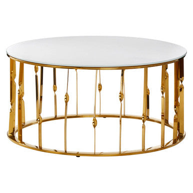 White Tempered Glass Top Round Coffee Table With Gold Stainless Steel Frame, Arezzo