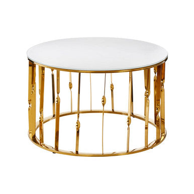 White Tempered Glass Top Round Coffee Table With Gold Stainless Steel Frame, Arezzo