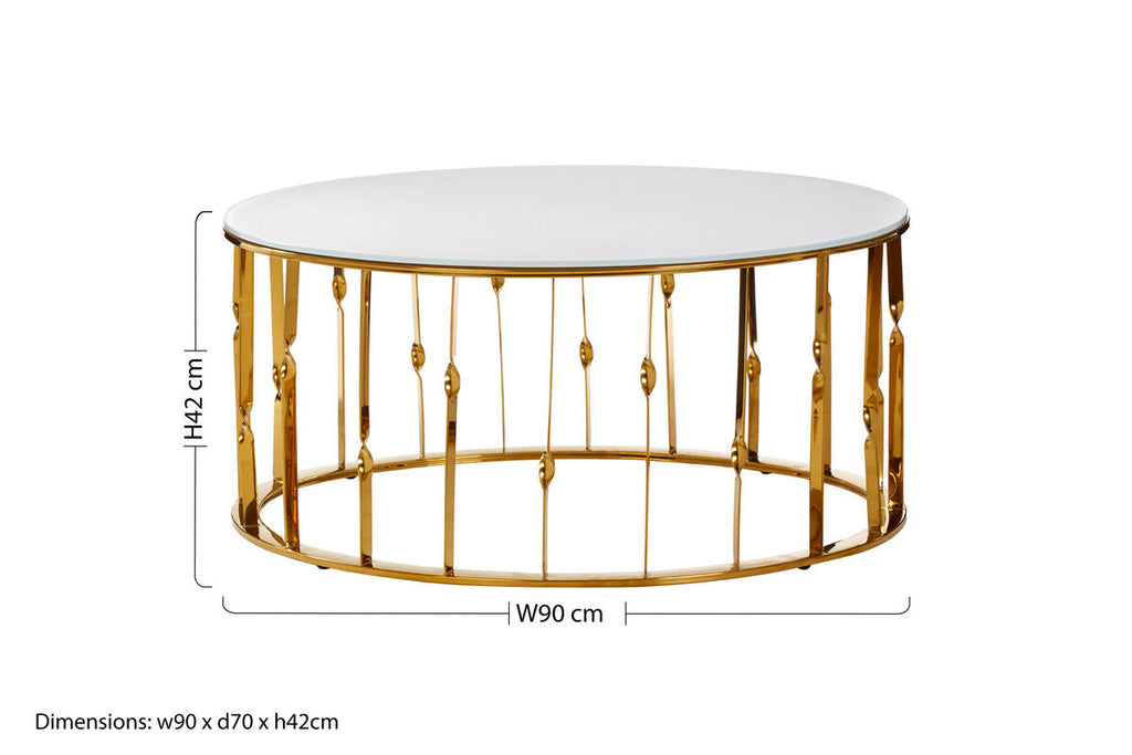 White Tempered Glass Top Round Coffee Table With Gold Stainless Steel Frame, Arezzo