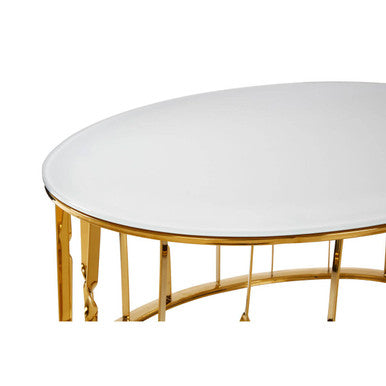 White Tempered Glass Top Round Coffee Table With Gold Stainless Steel Frame, Arezzo