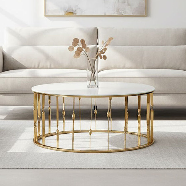White Tempered Glass Top Round Coffee Table With Gold Stainless Steel Frame, Arezzo