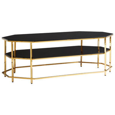 Black Tempered Glass Two-Tier Coffee Table With Warm Gold Stainless Steel Hexagonal Frame, Arezzo