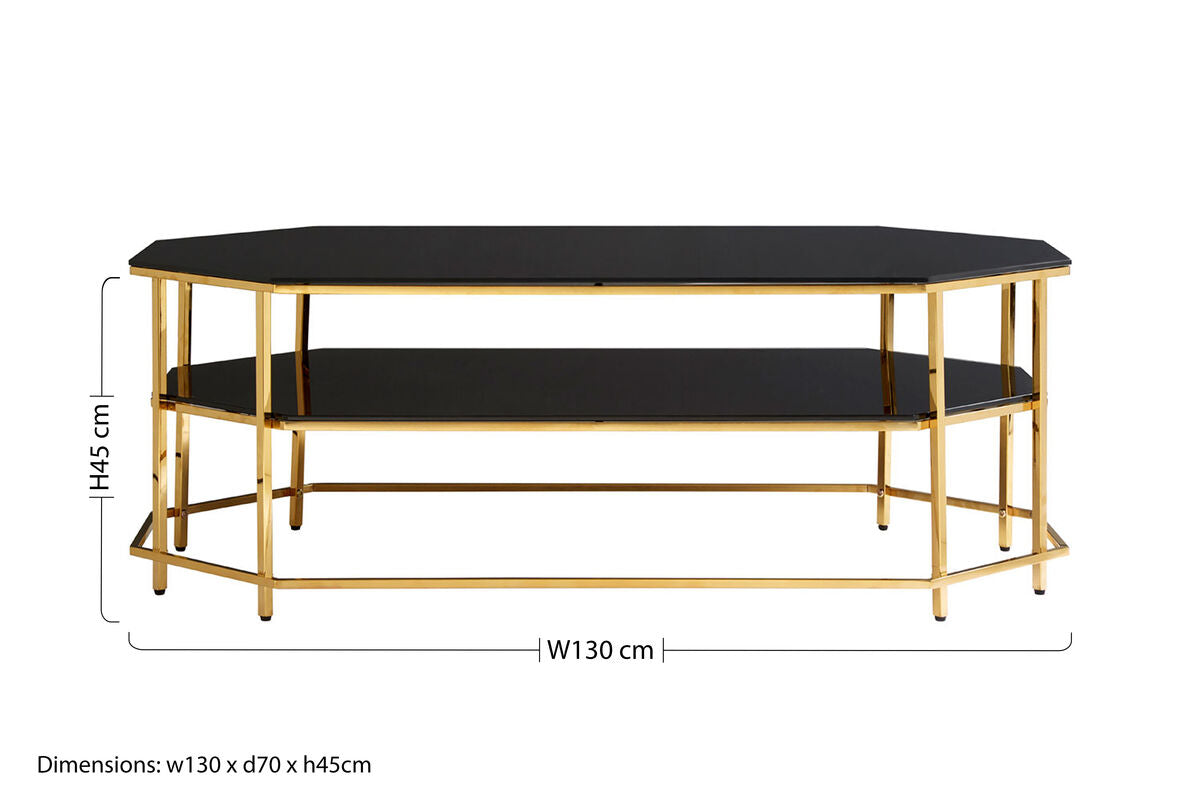 Black Tempered Glass Two-Tier Coffee Table With Warm Gold Stainless Steel Hexagonal Frame, Arezzo