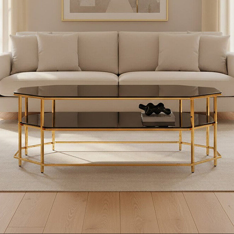 Black Tempered Glass Two-Tier Coffee Table With Warm Gold Stainless Steel Hexagonal Frame, Arezzo